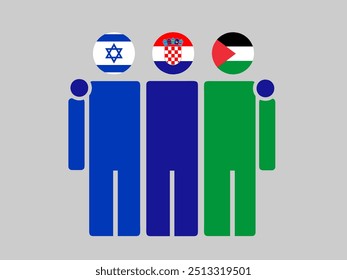 Israel, Croatia, and Palestine National Flags With Embracing Body. Vector Illustration. Isolated background.