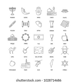 Israel culture and traditions outline icons set. Israel objects vector illustration isolated on white background. Elements of Israel architecture and religion.