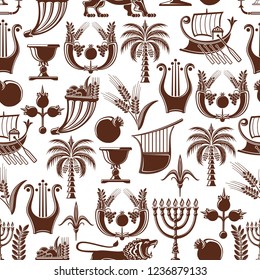 Israel culture and travel traditional pattern background. Vector seamless Jewish and Judaism religion Hanukkah Menorah, Shofar horn and palm with pomegranate, lion and ship, wheat and laurel wreath