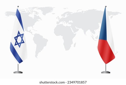 Israel and Czech Republic flags for official meeting against background of world map.