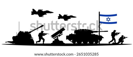 Israel Defense Forces (IDF) silhouette isolated on white background. Israeli soldiers, tanks, artillery, rocket launcher, fighter jets with flag of Israel. Military power and national security concept