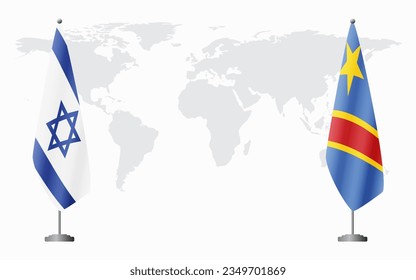 Israel and Democratic Republic of Congo flags for official meeting against background of world map.