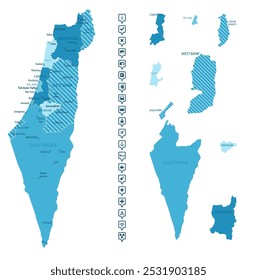 Israel - detailed map of the country in blue colors, divided into regions. Infographic icons. Vector illustration.