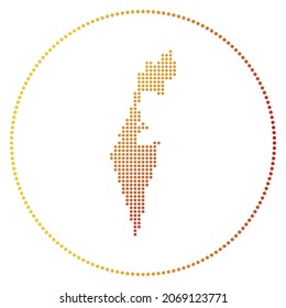Insignia digital israelí. Mapa de estilo trazado de Israel en círculo. Icono tecnológico del país con puntos degradados. Ilustración vectorial radiante.