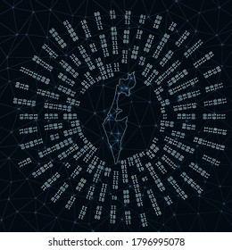 Israel digital map with binary rays radiating around a glowing country. Internet connections and data exchange design. Vector illustration.
