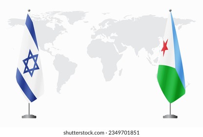 Israel and Djibouti flags for official meeting against background of world map.