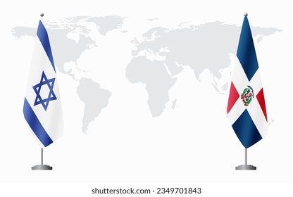 Israel and Dominican flags for official meeting against background of world map.