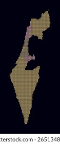 Israel dotted map. Digital style map of the country on dark background. Israel shape with square dots. Colored dots style. Small size squares. Modern vector illustration.