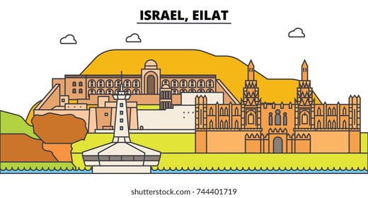 Israel, Eilat outline city skyline, linear illustration, banner, travel landmark, buildings silhouette,vector