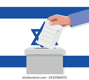 Israel election concept. Hand puts vote bulletin into vote box.