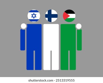 Israel, Finland, and Palestine National Flags With Embracing Body. Vector Illustration. Isolated background.