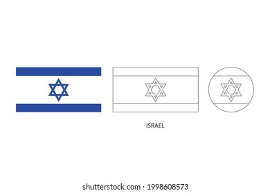 Israel flag 3 versions, Vector illustration, Thin black line of rectangle and the circle on white background.