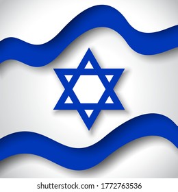 Israel flag background. Business booklet. Colored wavy ribbons colors flag of Israel. National Poster. State Israeli patriotic flyer, banner. Paper cut style. Vector design