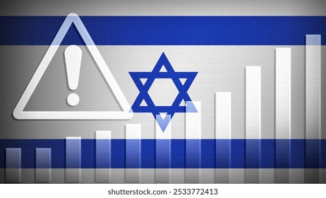 Israel flag with burlap texture, warning sign, and rising bar chart symbolizing increasing risk or growth challenges in the country. Ideal for data presentations.