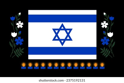  Bandera de Israel con velas y flores. Conflicto entre Gaza, Hamas e Israel