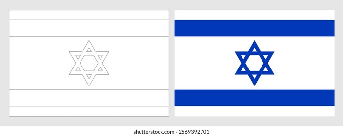 Israel flag - coloring page. Set of white wireframe thin black outline flag and original colored flag.