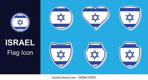 Israel Flag design. Israel Flag icon set. National symbol of Israel. Flat stickers and emblem on blue background. Vector illustration.
