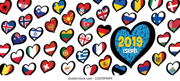 Israel Israël flag and different countries flags with heart logo. For Europe, eurovision music song festival, contest. Music songs for vision dreams. Vector euro icon pattern. Dare to dream, tel aviv.