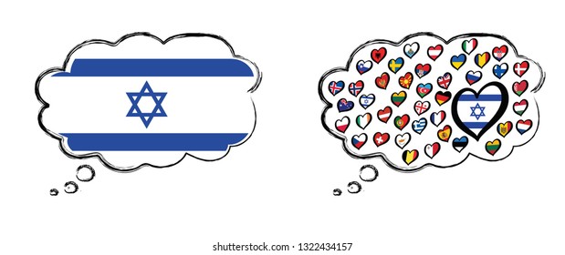 Israel Israël flag and different countries flags with heart logo. For Europe, eurovision music song festival, contest. Music songs for vision dreams. Vector euro icon pattern. Dare to dream, tel aviv.