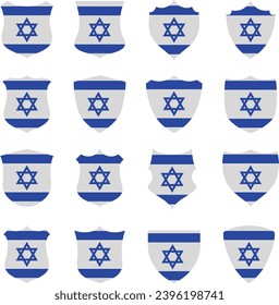 Israel flag - flat collection Badges. Flags of different shaped sixteen flat icons. Vector illustration set. 