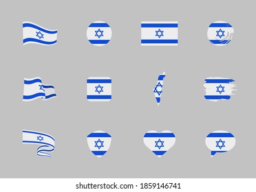 Israel flag - flat collection. Flags of different shaped twelve flat icons. Vector illustration set