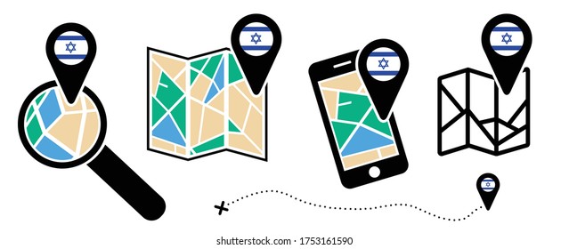 Israel flag Folded city map with location Route search tracking icons Mark maps signs Vector pin Symbol Track and trace point marker Fly travel love navigation pointer Roads navigator pins flags GPS