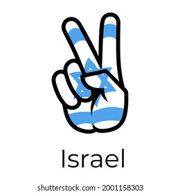 Israel flag in the form of a peace sign. Gesture V victory sign, patriotic sign, icon for apps, websites, T-shirts, souvenirs, etc., isolated on white background