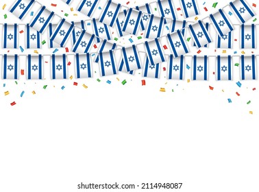 Israel flag garland white background with confetti, Hang bunting for Israeli independence Day celebration template banner, Vector illustration