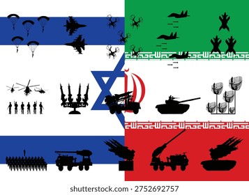 Israel flag half Iran flag enemy army conflict war combat. Military fighter jet plane. Ground troops silhouette. Tank missile artillery rocket launcher. Navy Radar air force defense drone bombing.