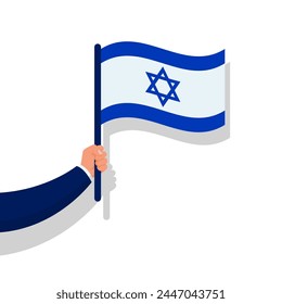 Israel flag in hand. Hand holding national flag of Israel. Vector illustration flat design. Isolated on white background. Happy Israeli independence day.