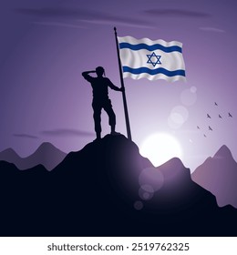 Israel Flag hoisted on a mountain peak with a purplish sunset in the background, vector illustration