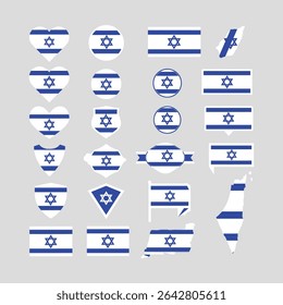 "Israel Flag Icon Set – Israeli National Symbols with Map, Star of David, Heart, Shield, and Banner Designs in Blue and White"