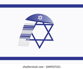 Israel flag with kippah and tallit. Israel flag with jewish elements