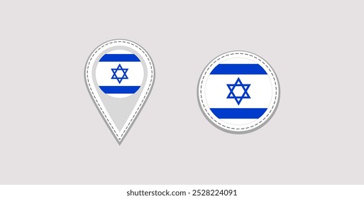 Israel flag map pointer and round isolated icon. vector illustration. Simple rounded sticker and location sign shapes. The State of Israel official symbols. isolated pins badges.