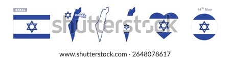  israel flag and map set. israel flag in official colors and proportions. independence day 14 may , map, circle and heart shaped israel
