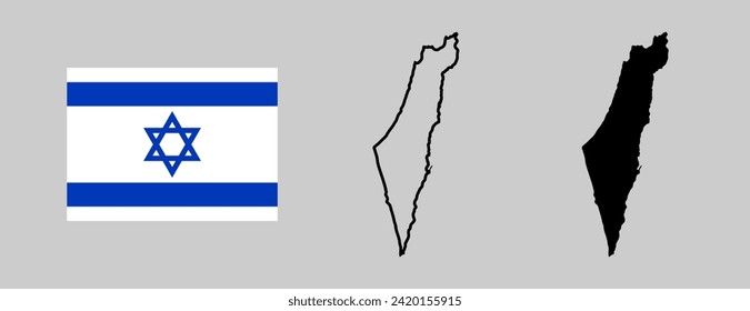 Israel flag and map silhouette linear and black illustration. Vector