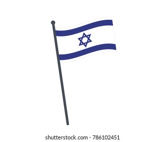 Israel flag. The national flag of Israel on a pole. The waving flag. The sign and symbol of the country. Realistic vector on white.