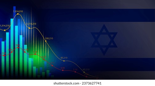 Israel flag on bar chart with decreasing values, concept of economic crisis, politics conflicts, war with flag. Stock graph falling, economic downturn. National flag in hand silhouette as background.