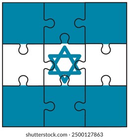 Vector plano de piezas de rompecabezas de la bandera de Israel. únase a nosotros contra la guerra en Gaza. Día conmemorativo de soldados o víctimas. arte de fondo azul. proteger a los israelíes o judíos. conectar con el mundo ilustración