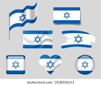 Israel flag set of icons. Vector flag of Israel, symbol. Set of Israel flags button, brush, waved, heart.