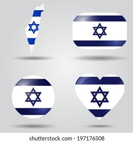 Israel flag set in map, oval, circular and heart shape.