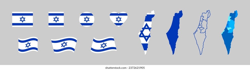 Israel flag set and map. World geography illustration. Vector isolated icon