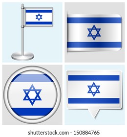 Israel flag - set of various sticker, button, label and flagstaff