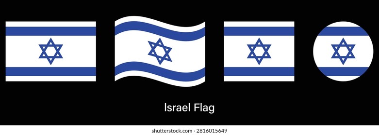 Israel Flag Set with Waving, Circle and Rectangle Shapes Vector Illustration