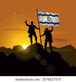 Israel flag, silhouette of two climbers holding flags at sunset