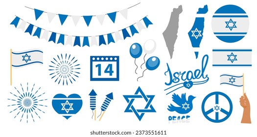 Israel flag, symbol, badges set .Pray for Israel war collection flat style. Design for humanity, peace, donations, charity and anti-war. Vector illustration