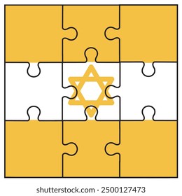 Israel flag symbol for the captives. puzzle pieces flat vector.  memorial day for soldiers or victims. yellow backgound art for hostages. protect israeli people. connect over the world illustration