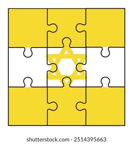 Israel flag symbol for the captives. puzzle pieces flat vector. memorial day for soldiers or victims. yellow backgound art for hostages. protect israeli people. connect over the world illustration