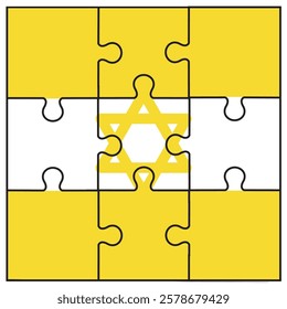 Israel flag symbol for the captives. puzzle pieces flat vector. memorial day for soldiers or victims. yellow backgound art for hostages. protect israeli people. connect over the world illustration