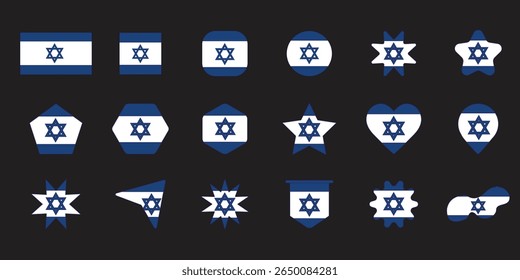 Israel Flag Vetor - Uma coleção de ícones, formas, sinais, símbolos nacionais com a bandeira israelense azul e branca. Ideal para projetos de design cultural patrióticos, educacionais, históricos e religiosos.